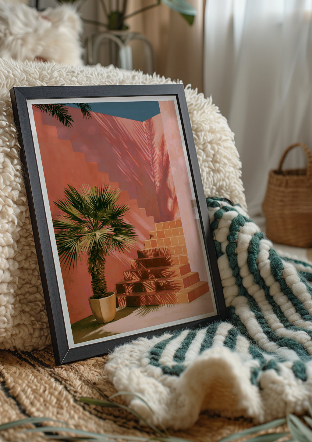 Palm Tree Courtyard Stairs Poster, Mediterranean Architecture, Terracotta Wall Art