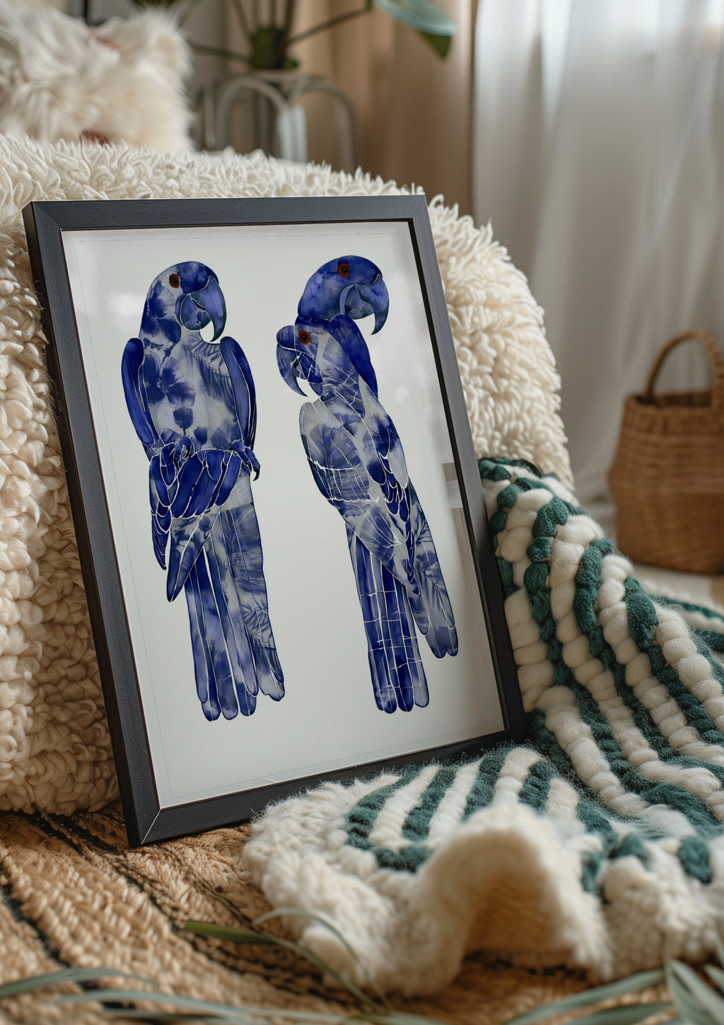 Blue Macaw Parrot Pair Poster, Indigo Tropical Bird Wall Art Print