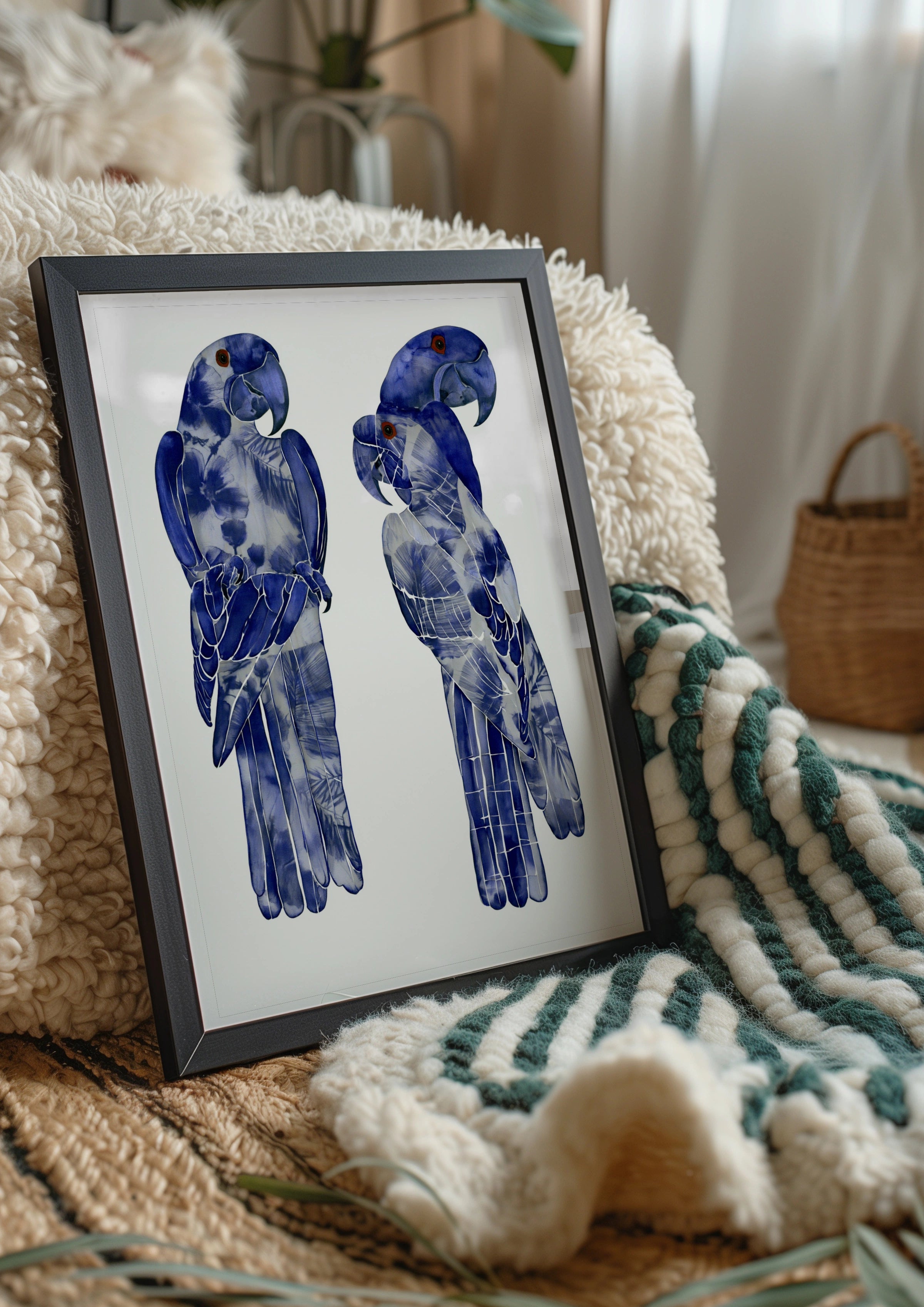 Blue Macaw Parrot Pair Poster, Indigo Tropical Bird Wall Art Print