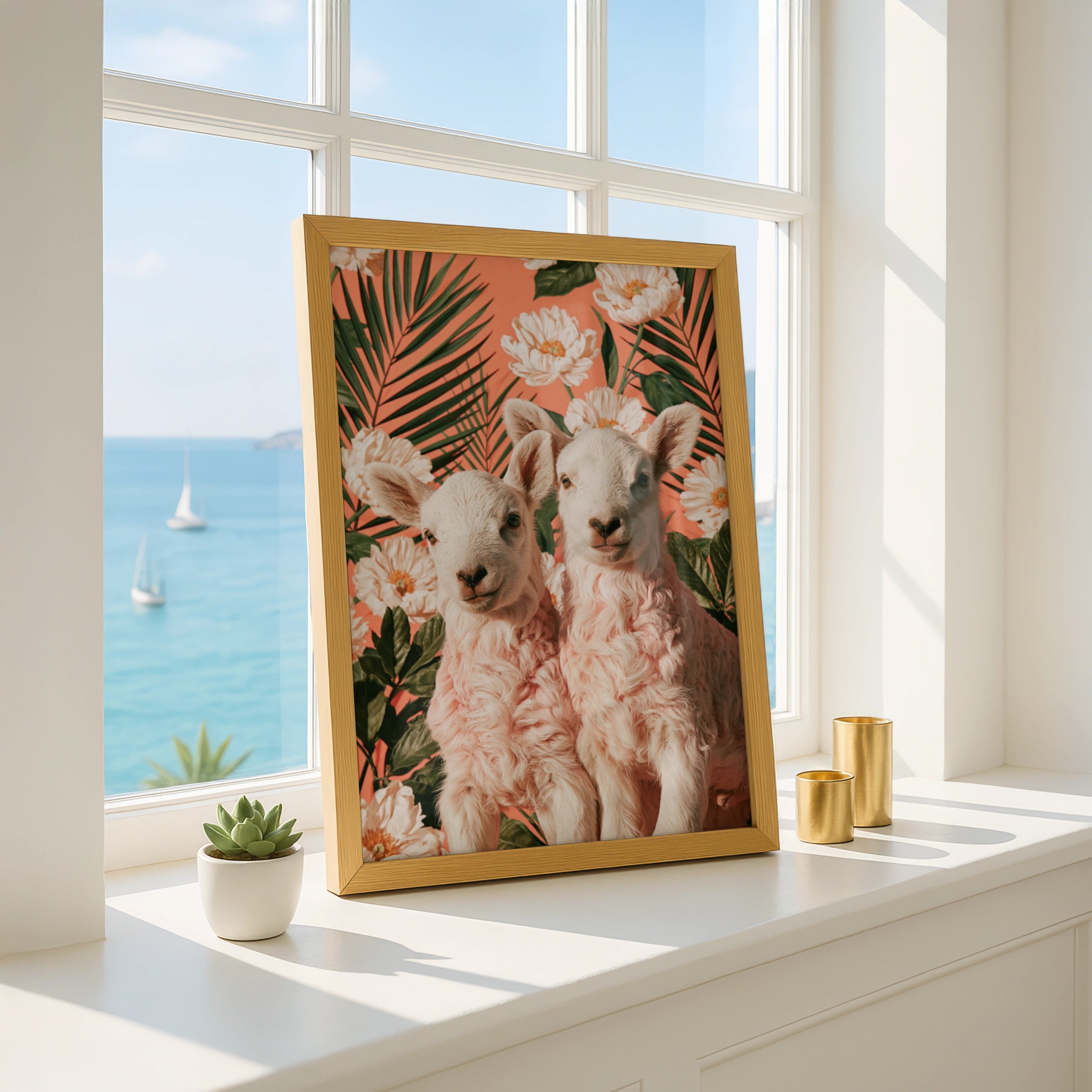 Lambs Floral Palm Poster, Cute Sheep Wall Art, Botanical Coral Print