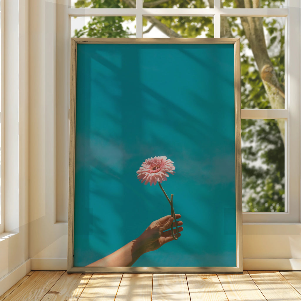 Pink Flower Hand Sky Poster, Gerbera Daisy Print, Teal Blue Botanical Wall Art
