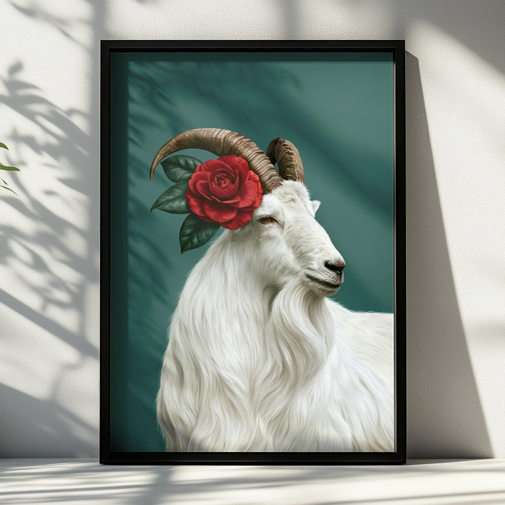 White Goat Red Rose Poster, Floral Animal Portrait Print, Teal Botanical Art