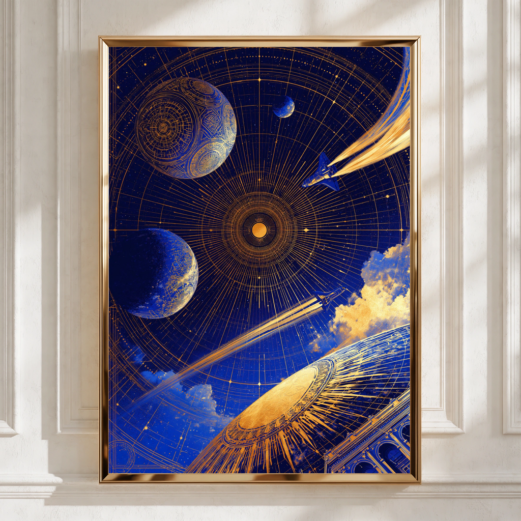 Celestial Space Sky Poster, Blue Gold Galaxy Print, Cosmic Art