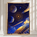 Celestial Space Sky Poster, Blue Gold Galaxy Print, Cosmic Art