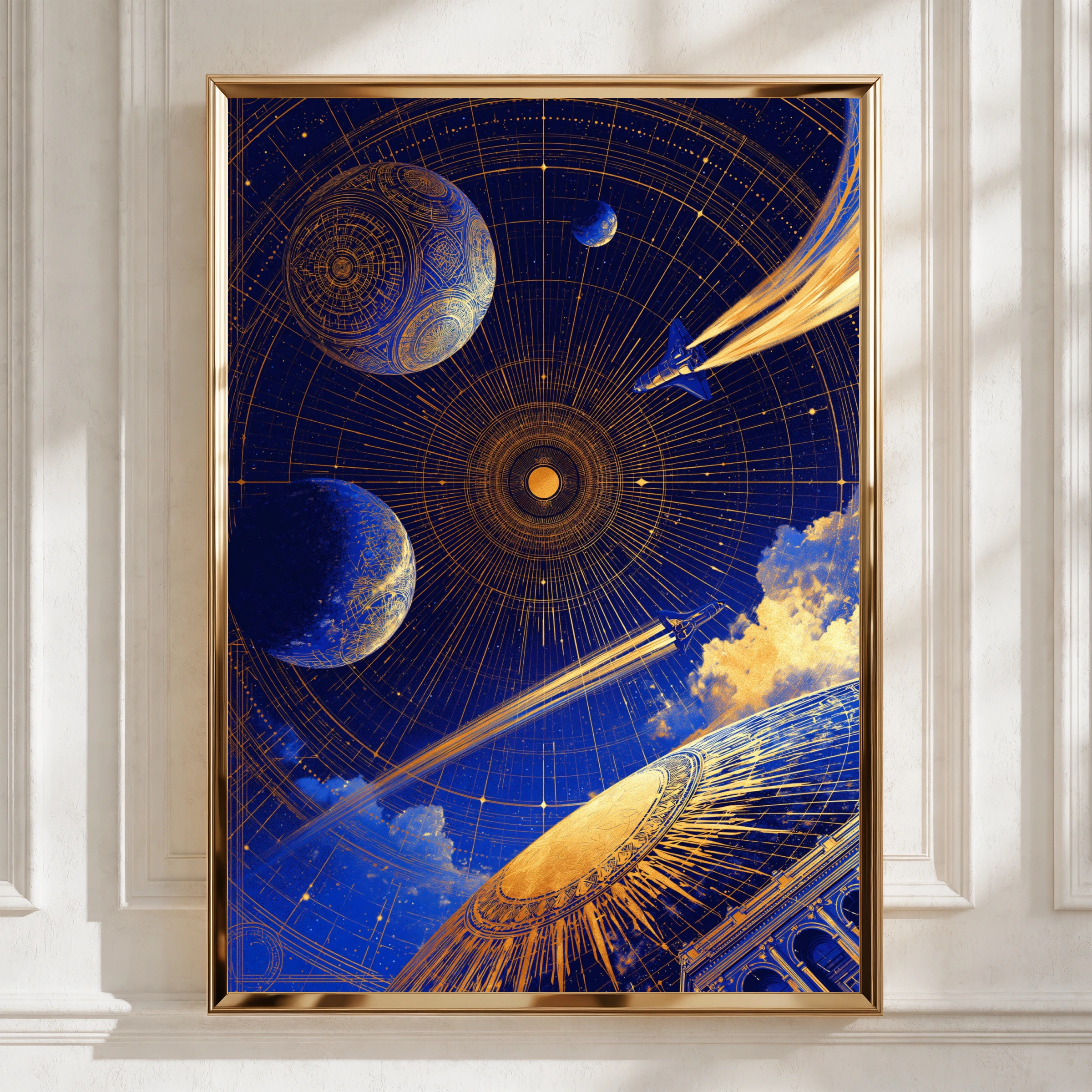 Celestial Space Sky Poster, Blue Gold Galaxy Print, Cosmic Art