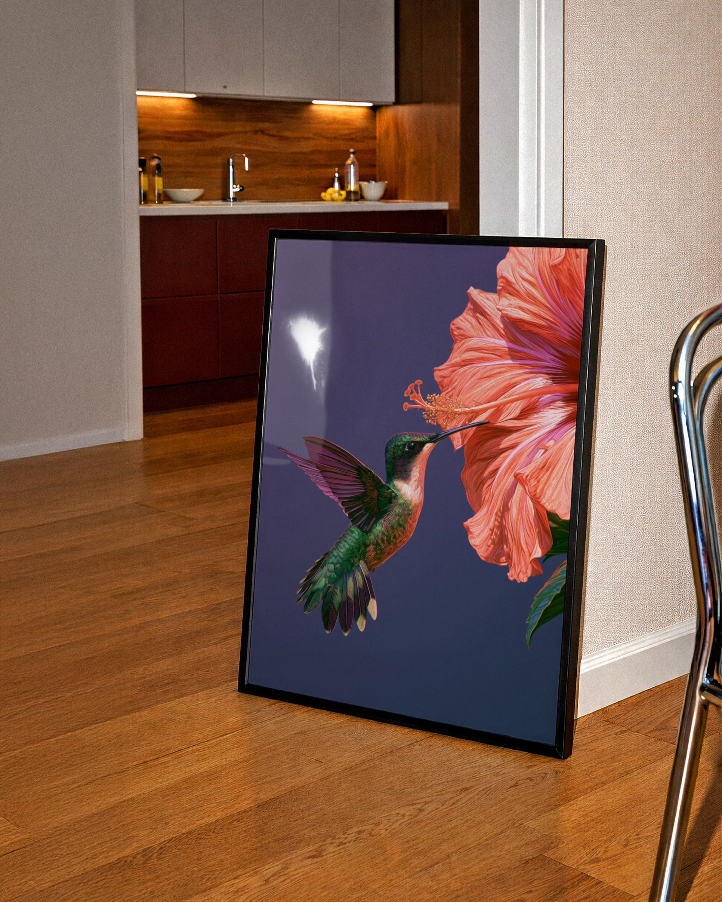 Hummingbird Hibiscus Poster, Botanical Bird Wall Art, Vibrant Illustration Print