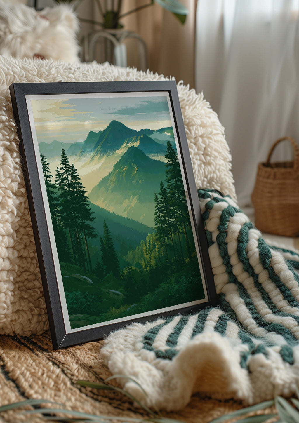 Forest Mountain Landscape Poster, Pine Trees Nature Print, Vintage Style Wall Art