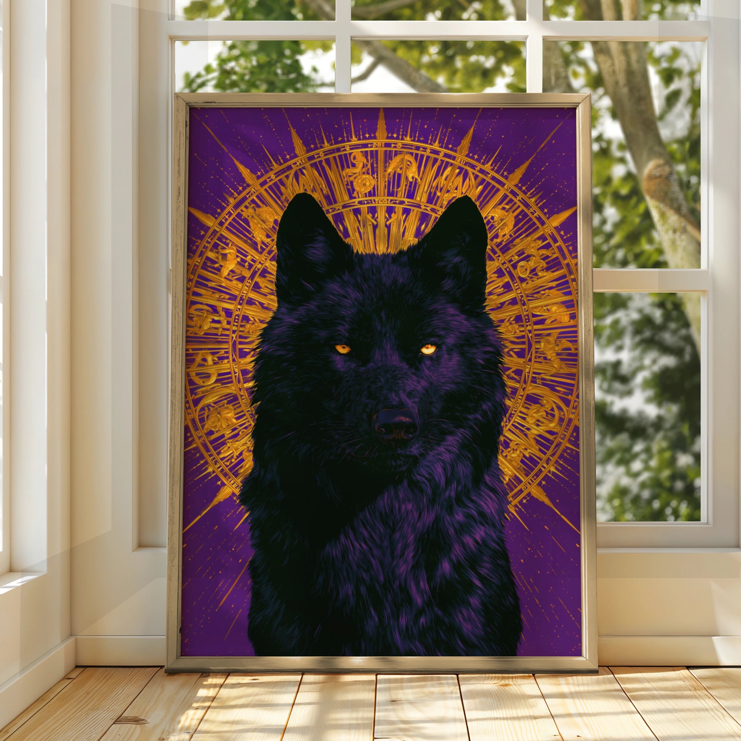 Black Wolf Black Sun Poster, Purple Gold Mystical Wall Art, Bold Animal Print