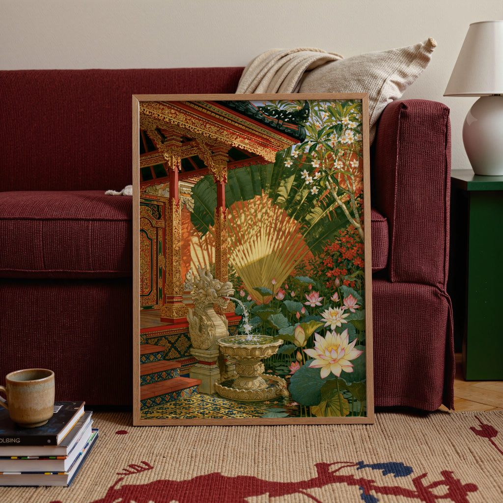 Balinese Temple Courtyard Poster, Garuda Fountain Lotus Garden, Tropical Wall Art