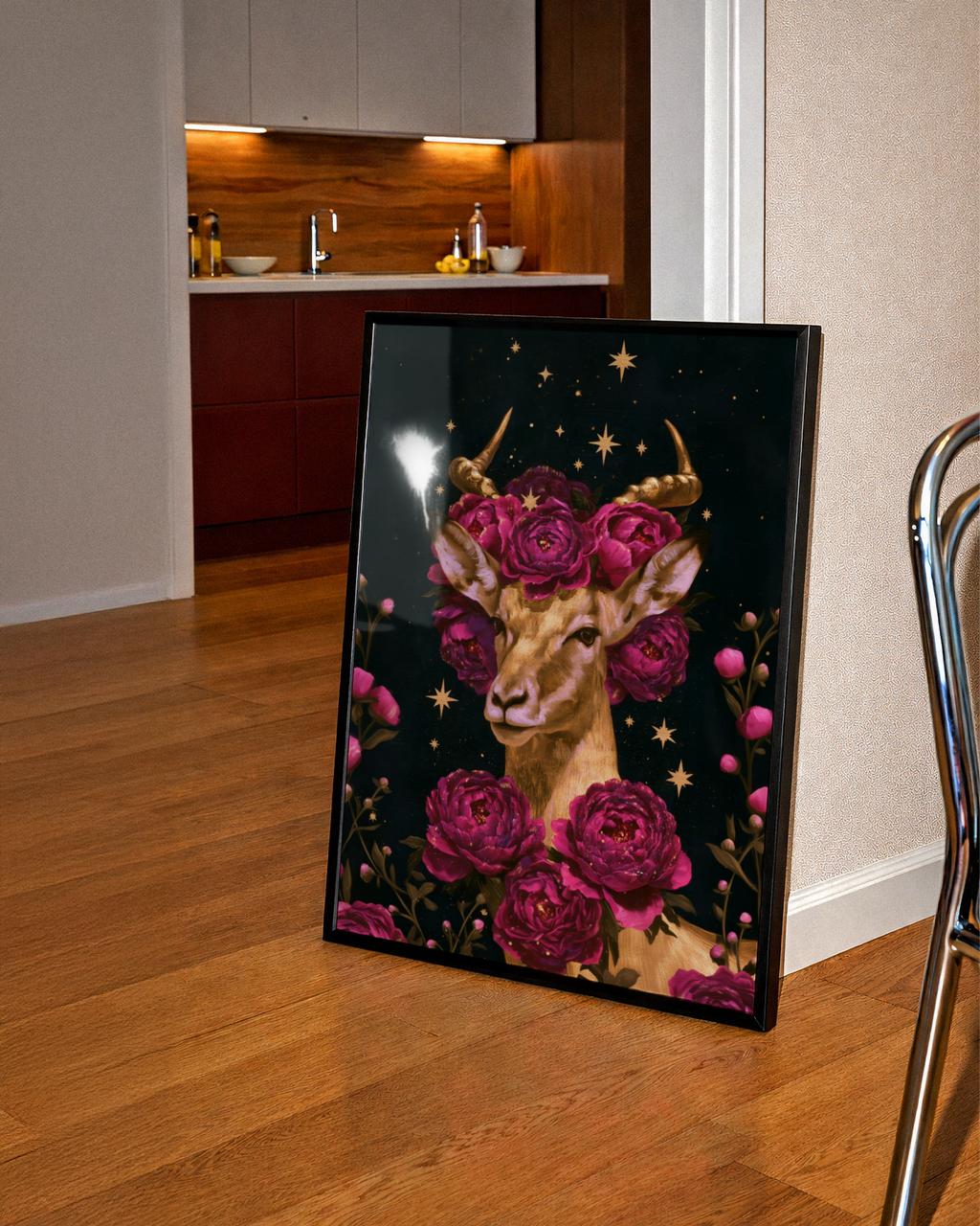 Antelope Flowers Stars Poster, Dark Floral Animal Wall Art, Celestial Print