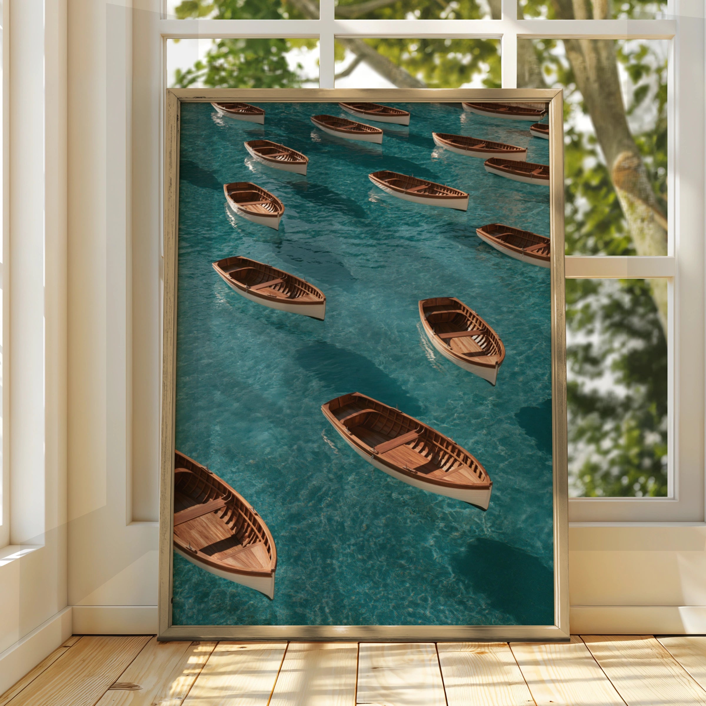 Wooden Rowing Boats Pattern Poster, Turquoise Ocean Wall Art Print