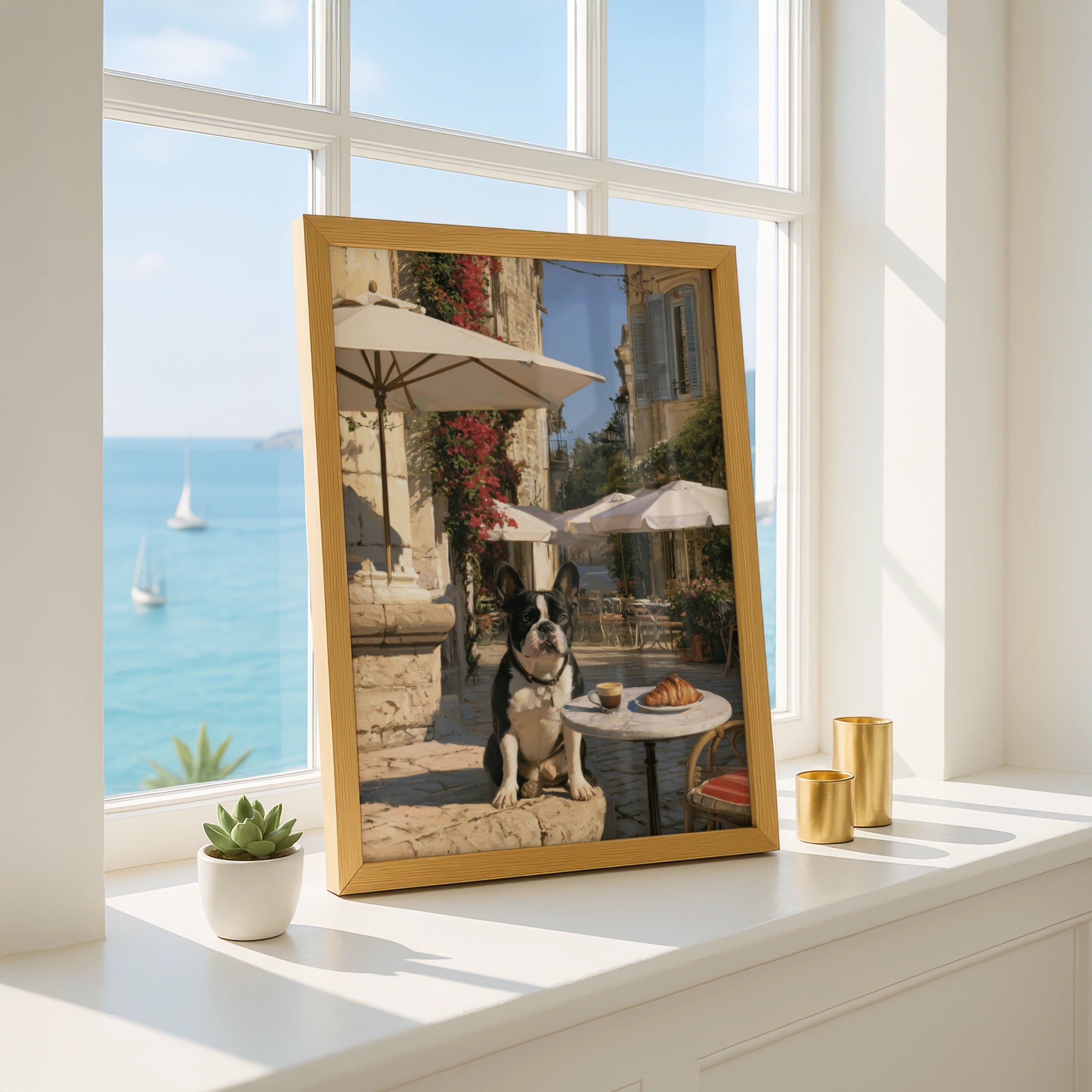 French Bulldog Cafe Poster, Paris Street Scene, Croissant Wall Art Print