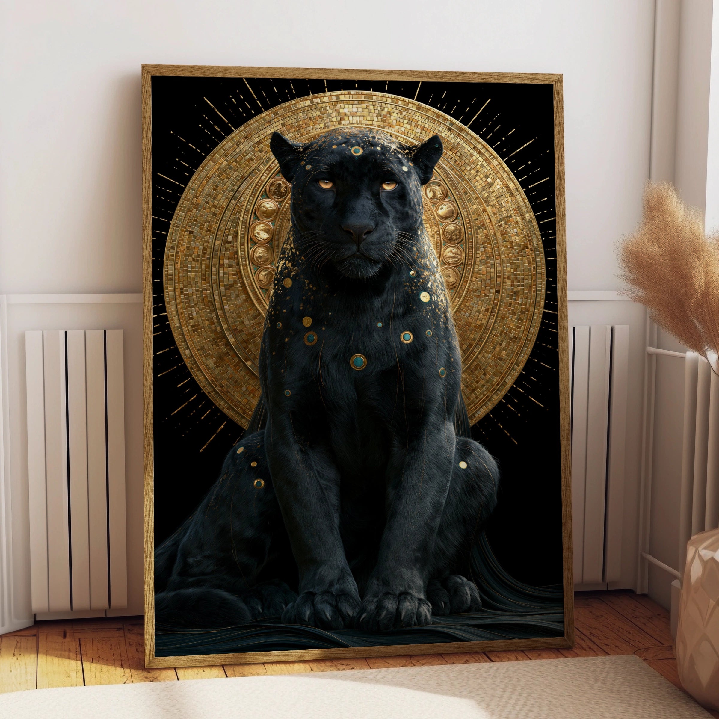 Black Panther Gold Halo Wall Art Poster, Mystical Big Cat Print