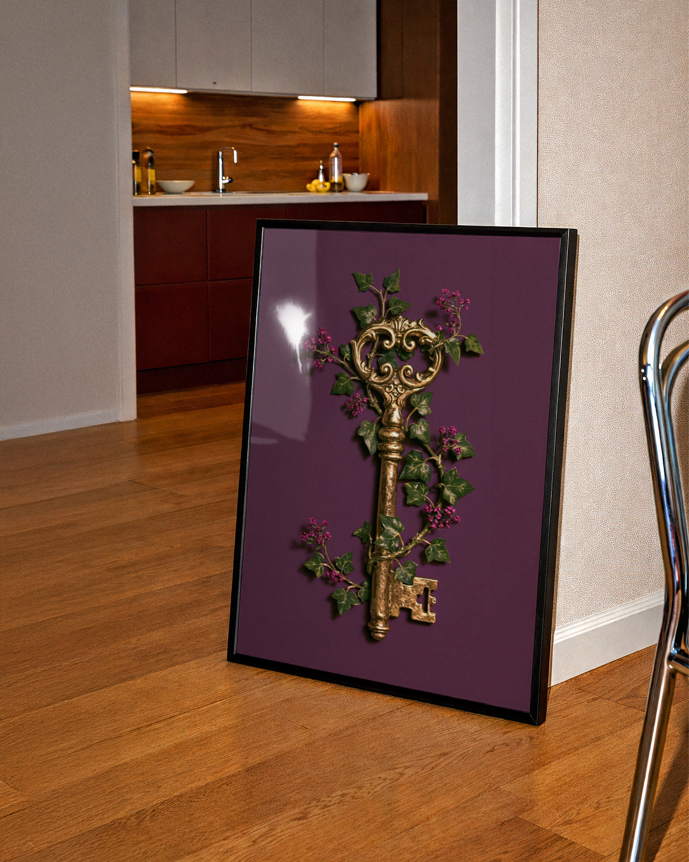 Antique Gold Key Floral Poster, Botanical Ivy Wall Art, Dark Maximalist Print