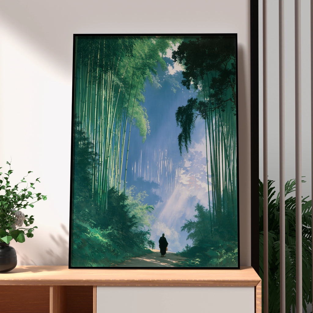 Bamboo Forest Monk Poster, Japanese Path Wall Art, Zen Minimalist Print