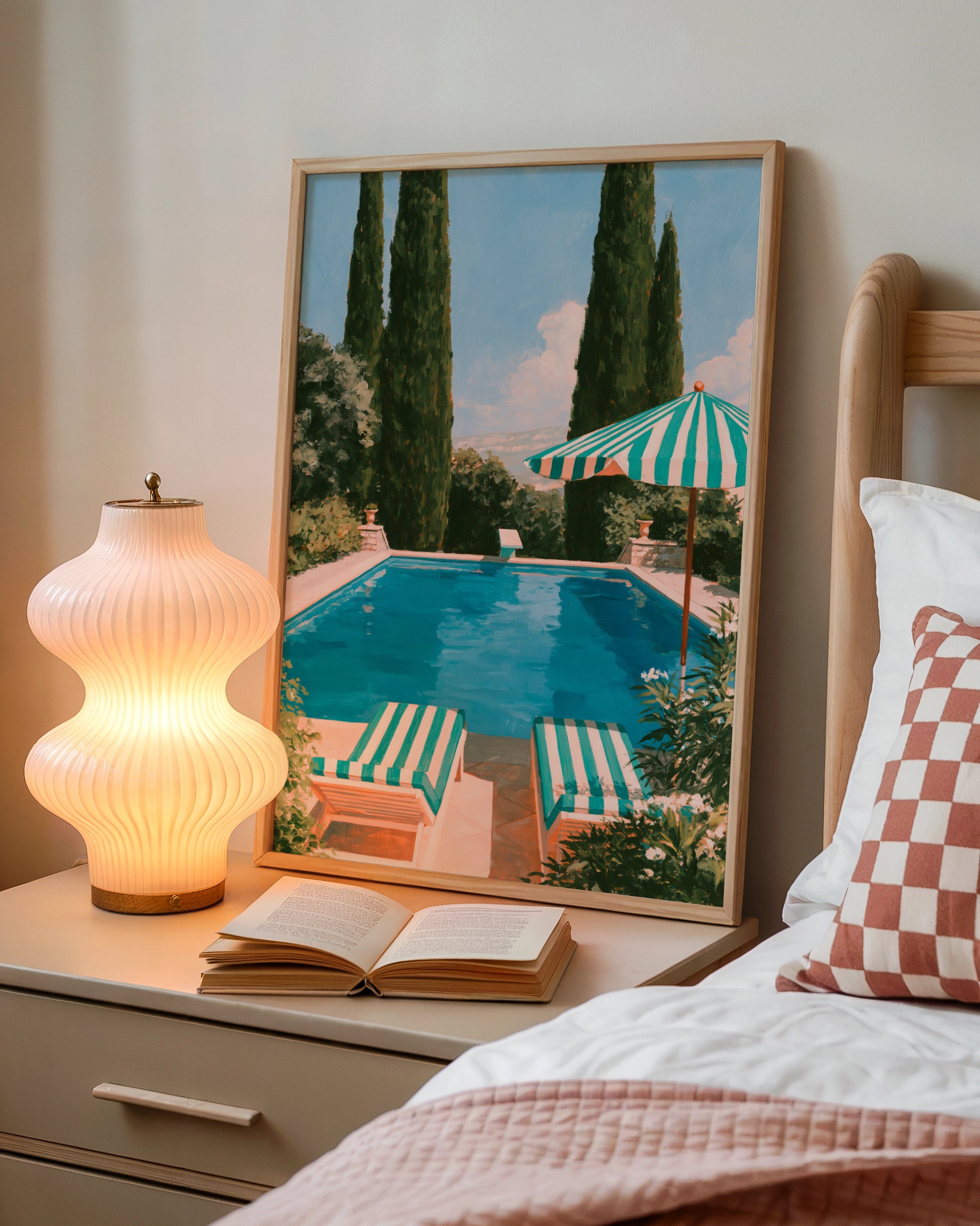 Pool Loungers Striped Umbrella Art Print, Mediterranean Summer Poster, Painted Style