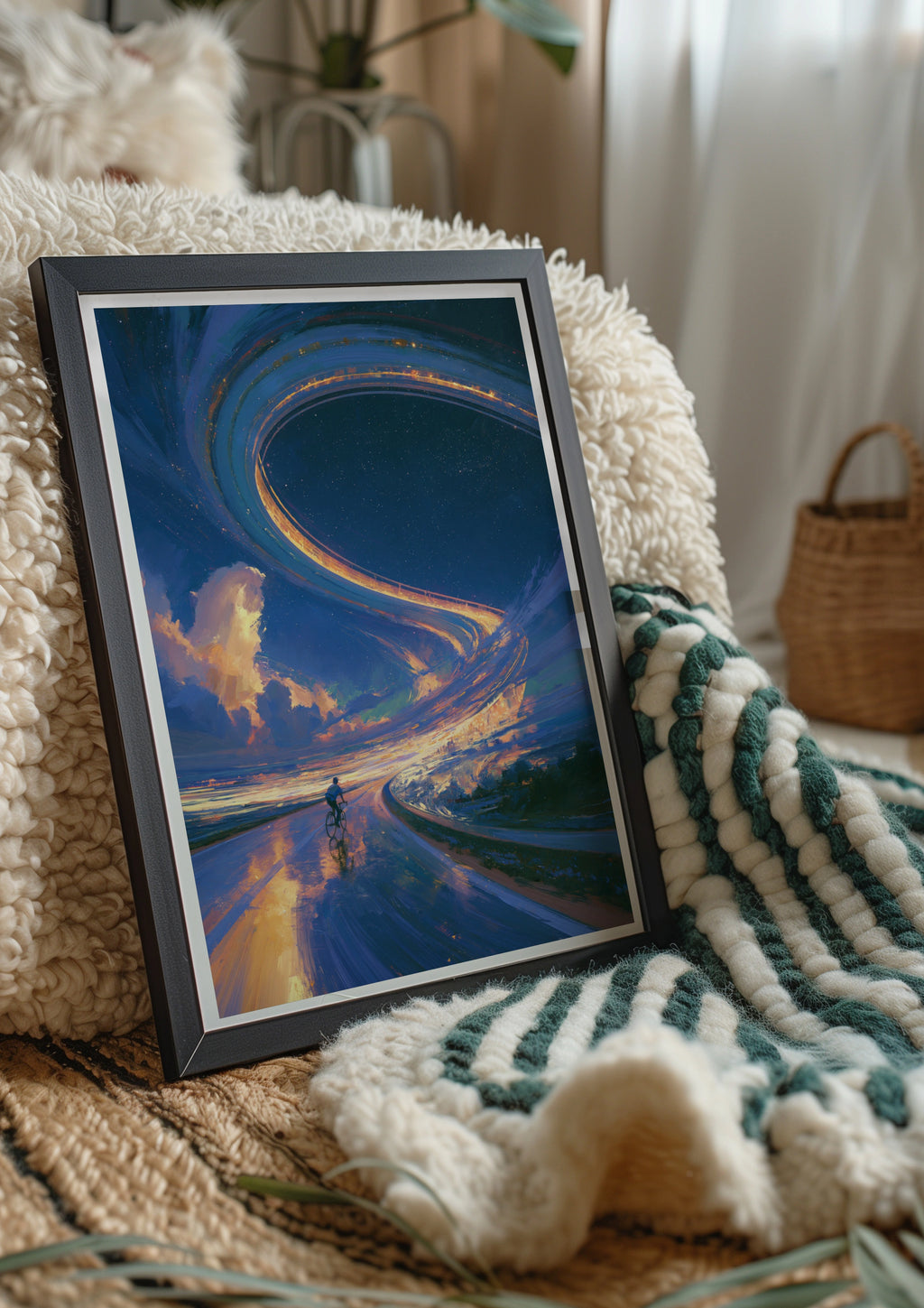Cyclist Bicycle Path Sky Portal Poster, Surreal Fantasy Art Print, Blue Gold