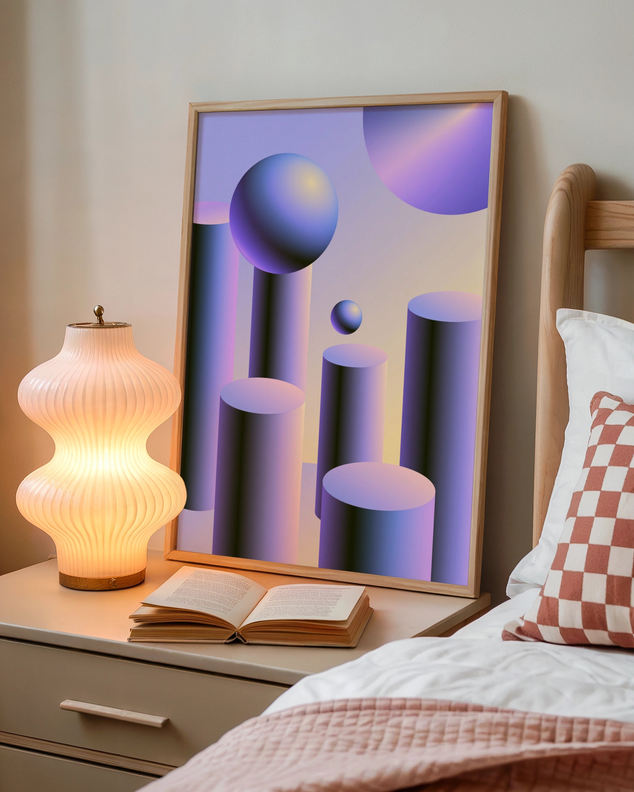 Purple Abstract Geometric Shapes Poster, 3D Spheres Cylinders Wall Art Print