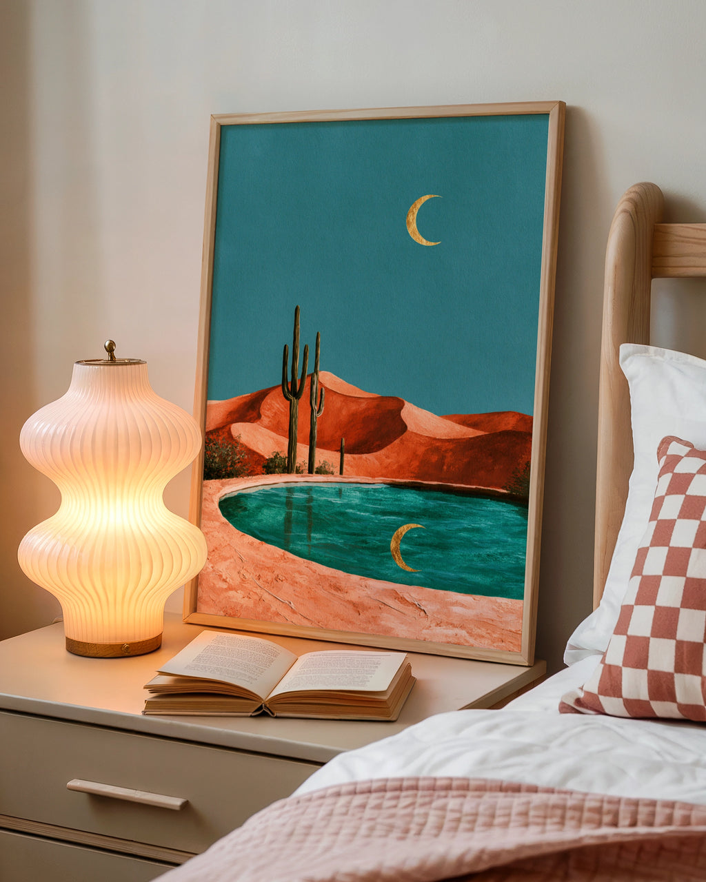 Cactus Moon Desert Pool Poster, Crescent Reflection Art, Boho Landscape Print