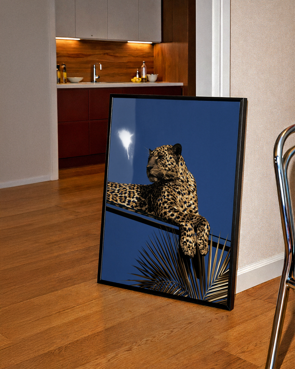 Gold Leopard Blue Sky Poster, Art Deco Wild Cat Print, Luxury Animal Wall Art