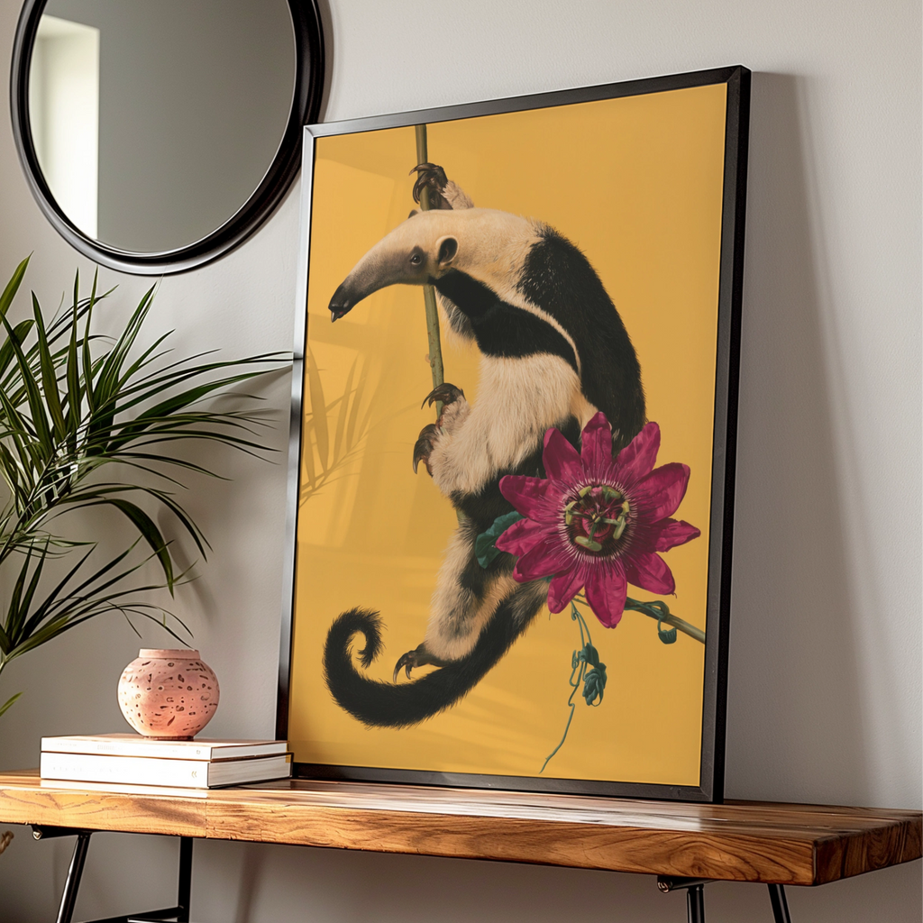 Anteater & Passion Flower Poster, Tropical Wildlife Wall Art Print