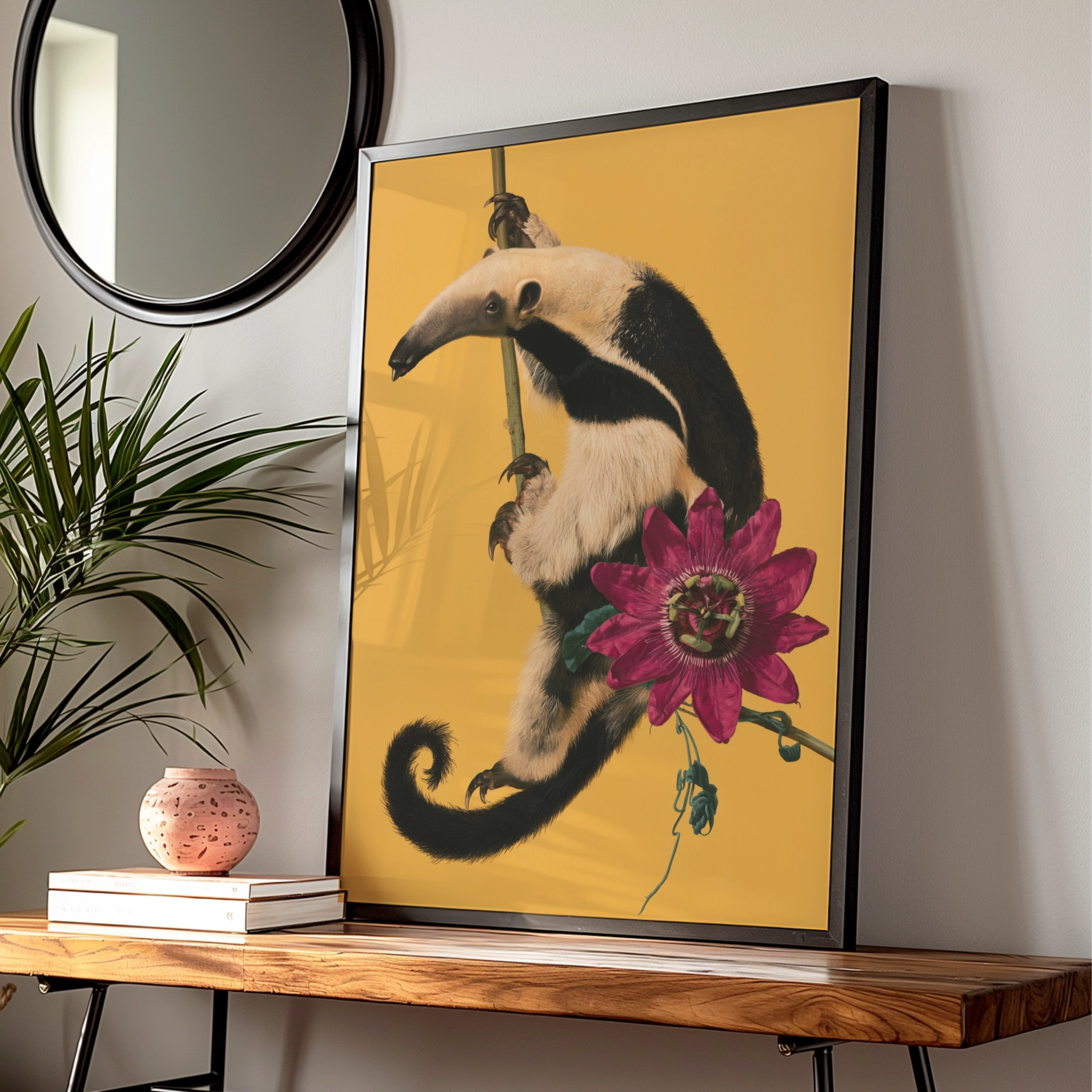 Anteater & Passion Flower Poster, Tropical Wildlife Wall Art Print