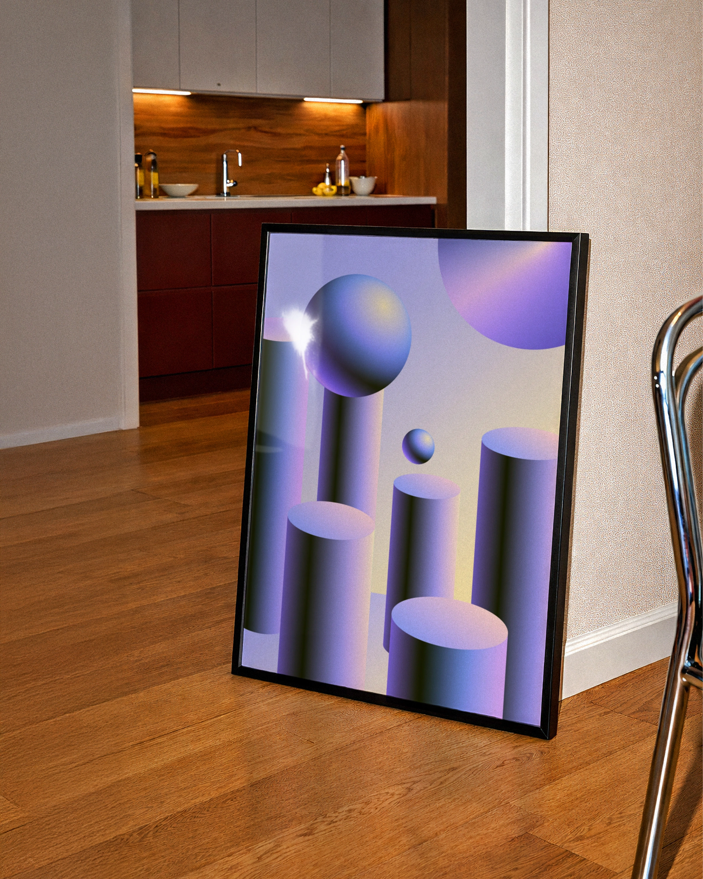 Purple Abstract Geometric Shapes Poster, 3D Spheres Cylinders Wall Art Print