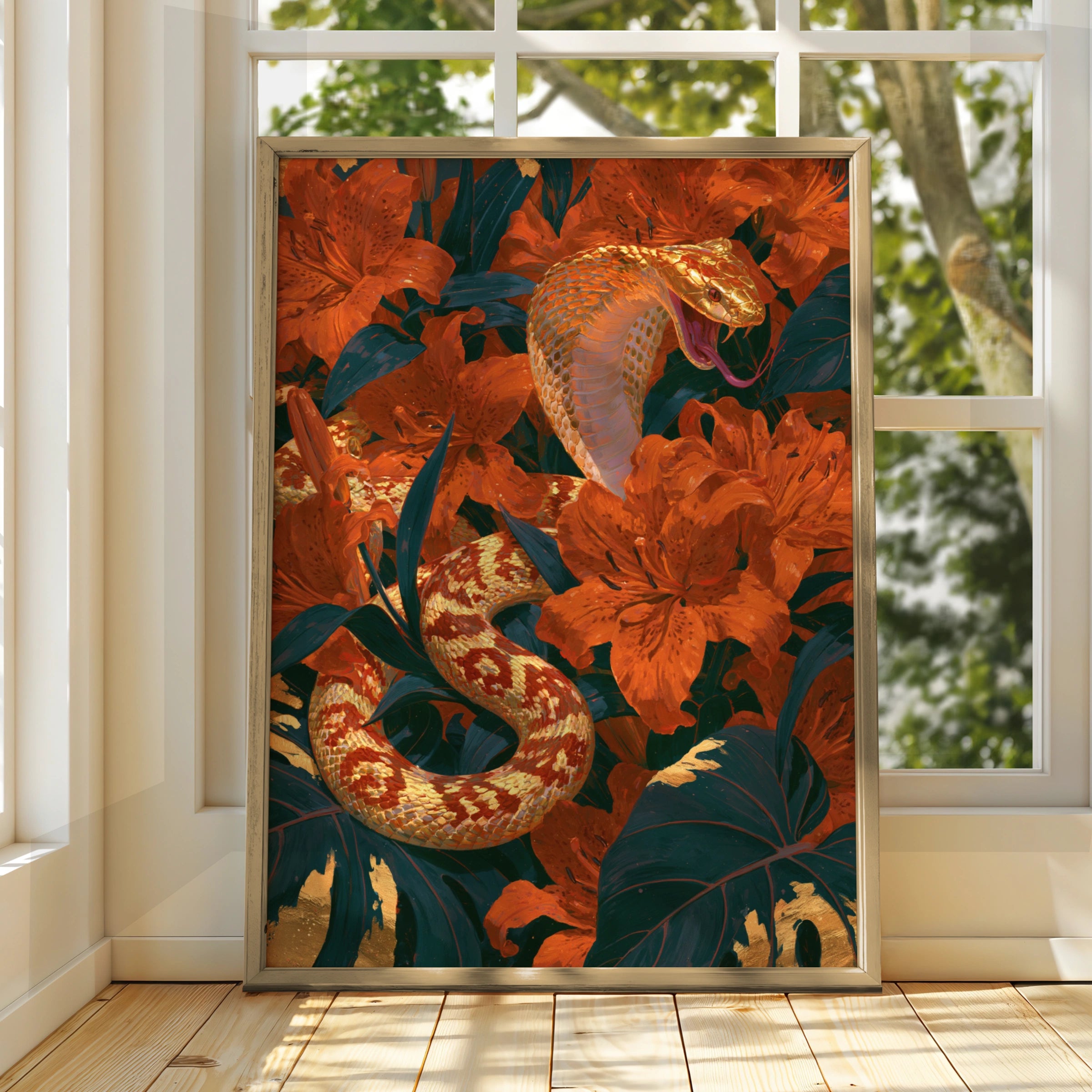 Golden Cobra Snake Flowers Poster, Botanical Wildlife Wall Art Print