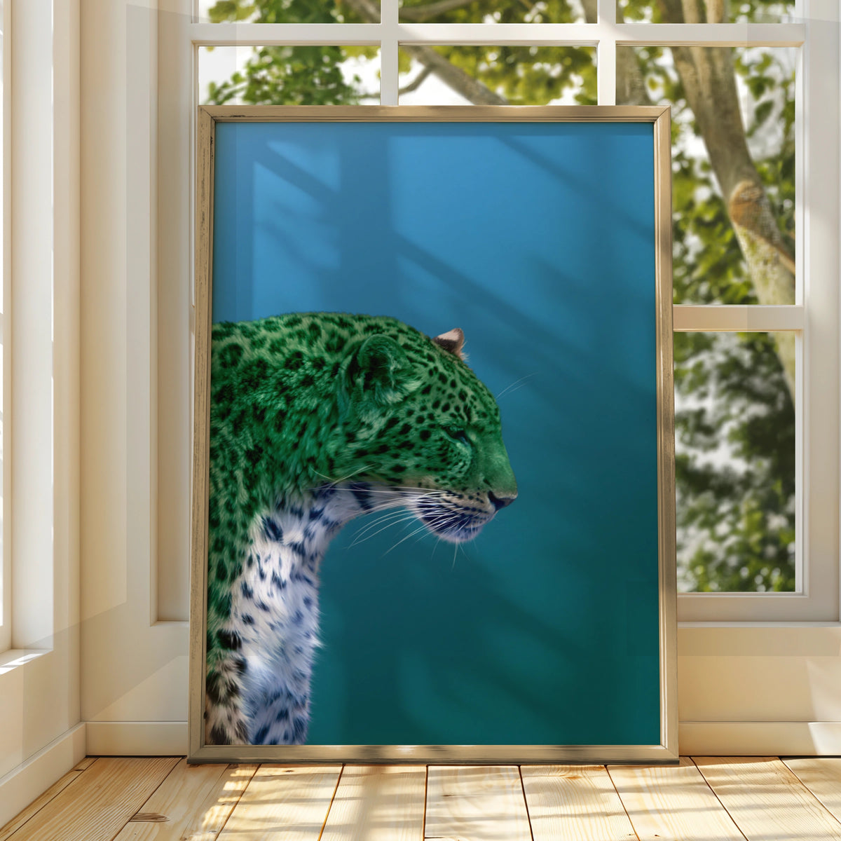 Green Leopard Abstract Poster, Bold Wild Cat Print, Teal Blue Wall Art