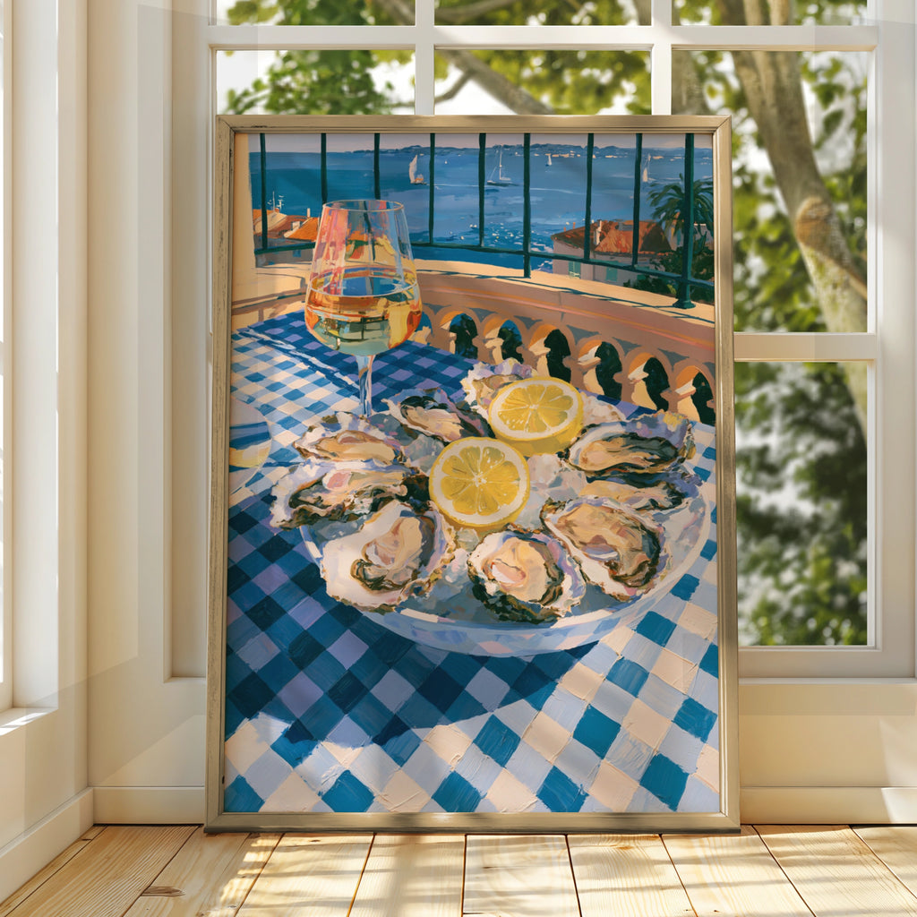 Oysters & White Wine Sea View Poster, French Riviera Kitchen Art Print