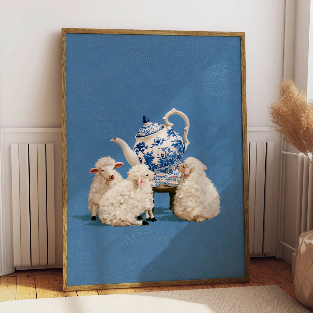 Lambs Tea Party Poster, Blue White Chinoiserie Teapot, Whimsical Sheep Art Print