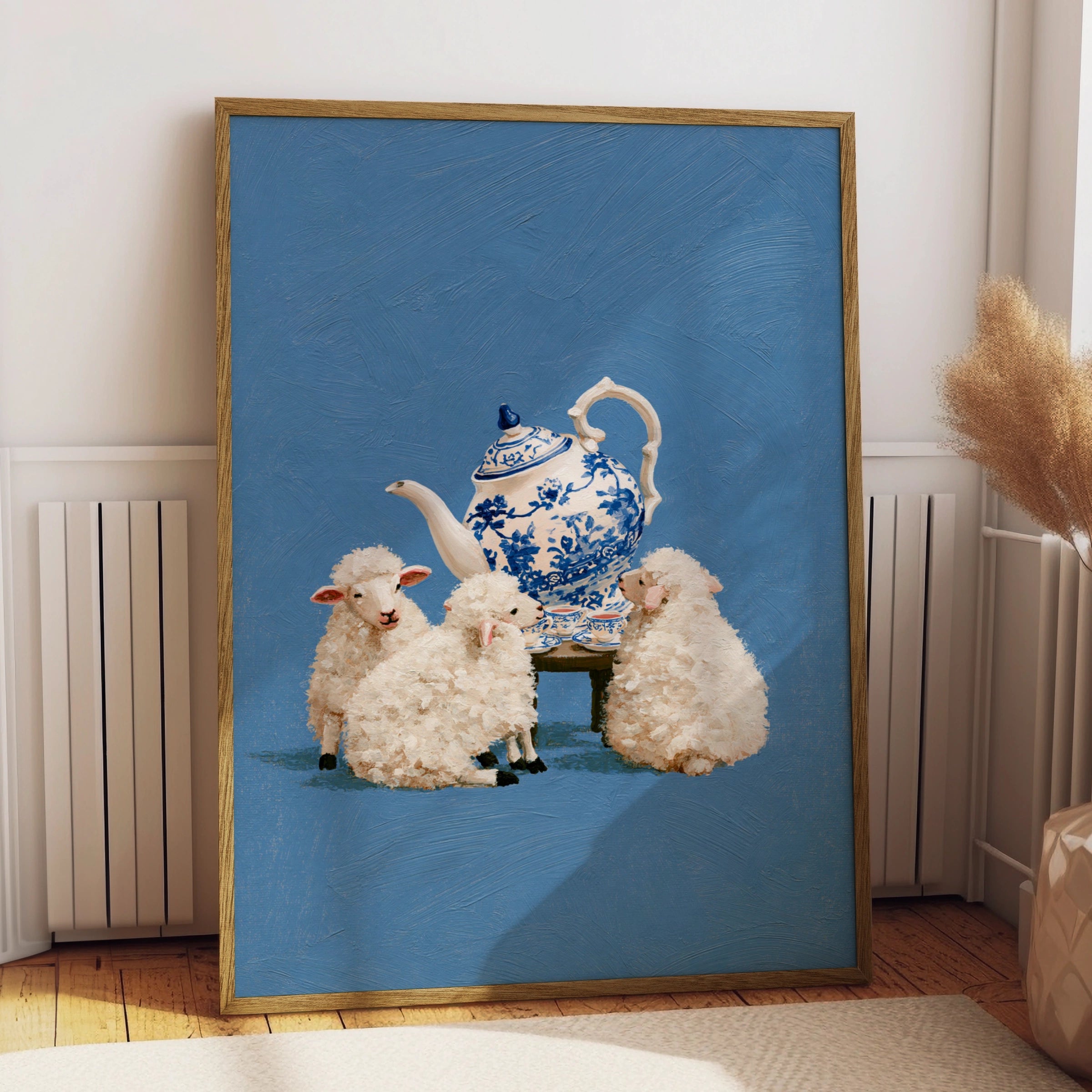 Lambs Tea Party Poster, Blue White Chinoiserie Teapot, Whimsical Sheep Art Print