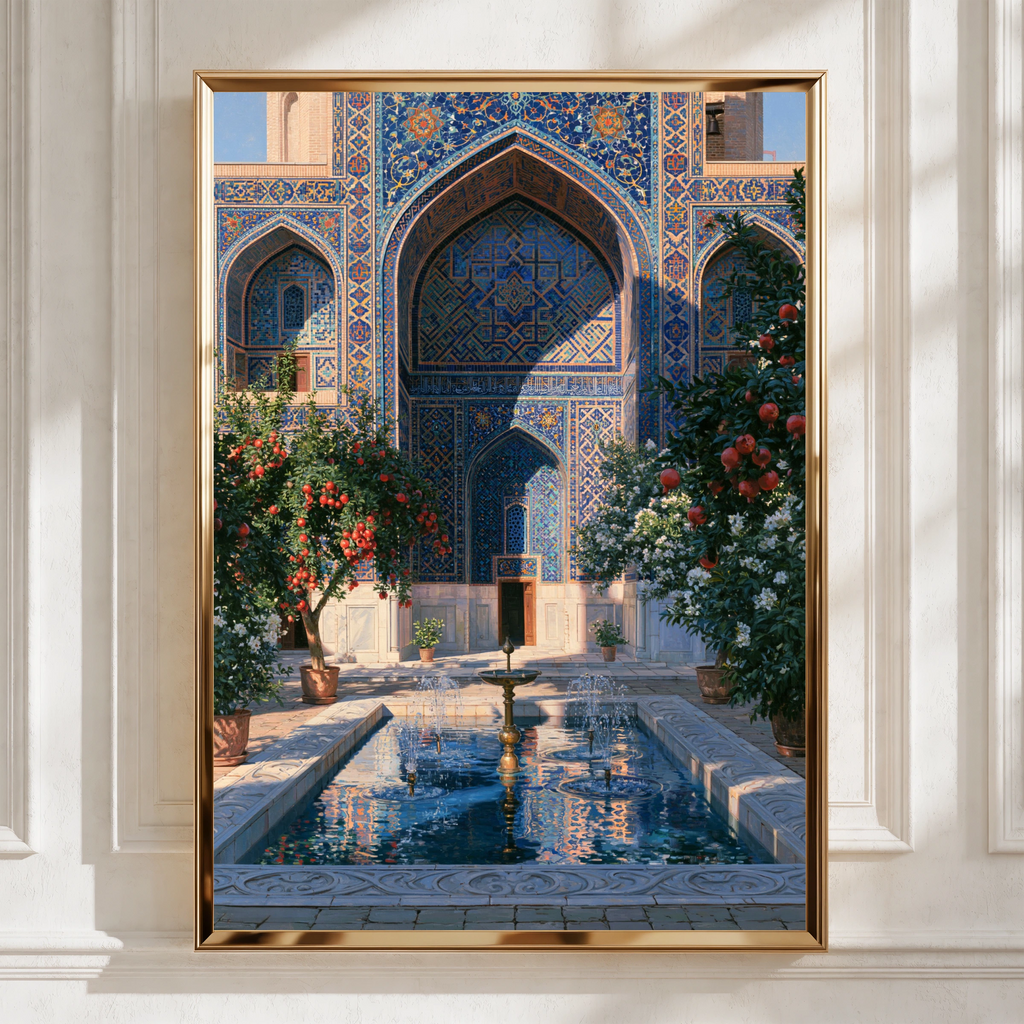 Uzbekistan Courtyard Poster, Islamic Architecture, Blue Tile Wall Art