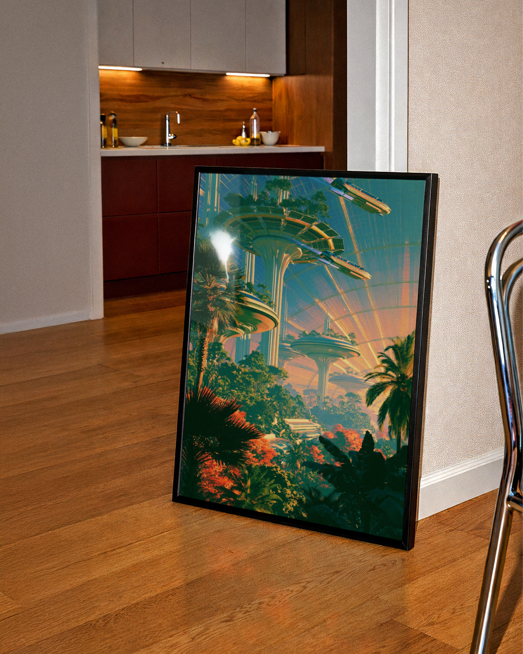 Futuristic City Green Dome Poster, Sci-Fi Jungle Architecture Print, Retro Futurism