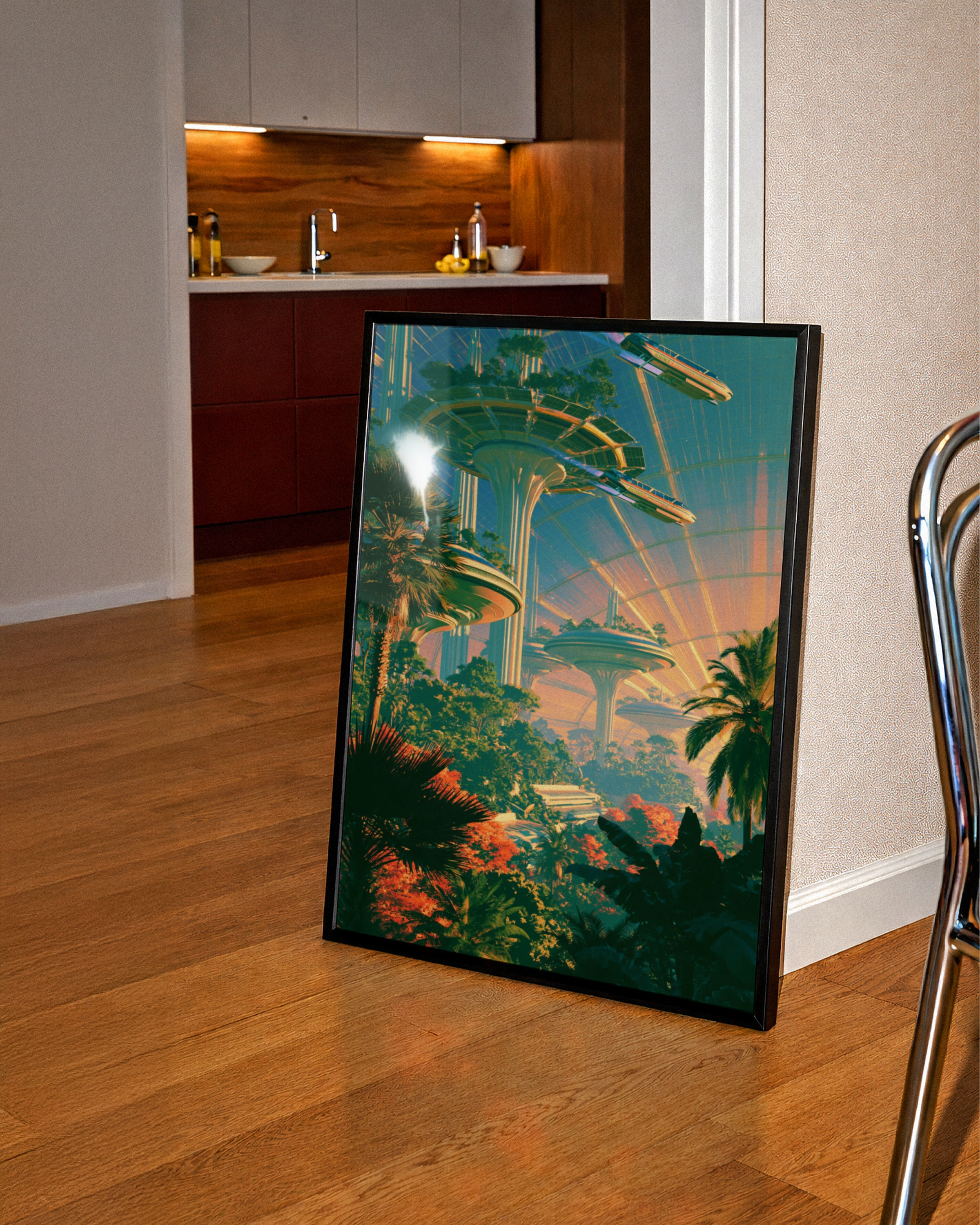Futuristic City Green Dome Poster, Sci-Fi Jungle Architecture Print, Retro Futurism