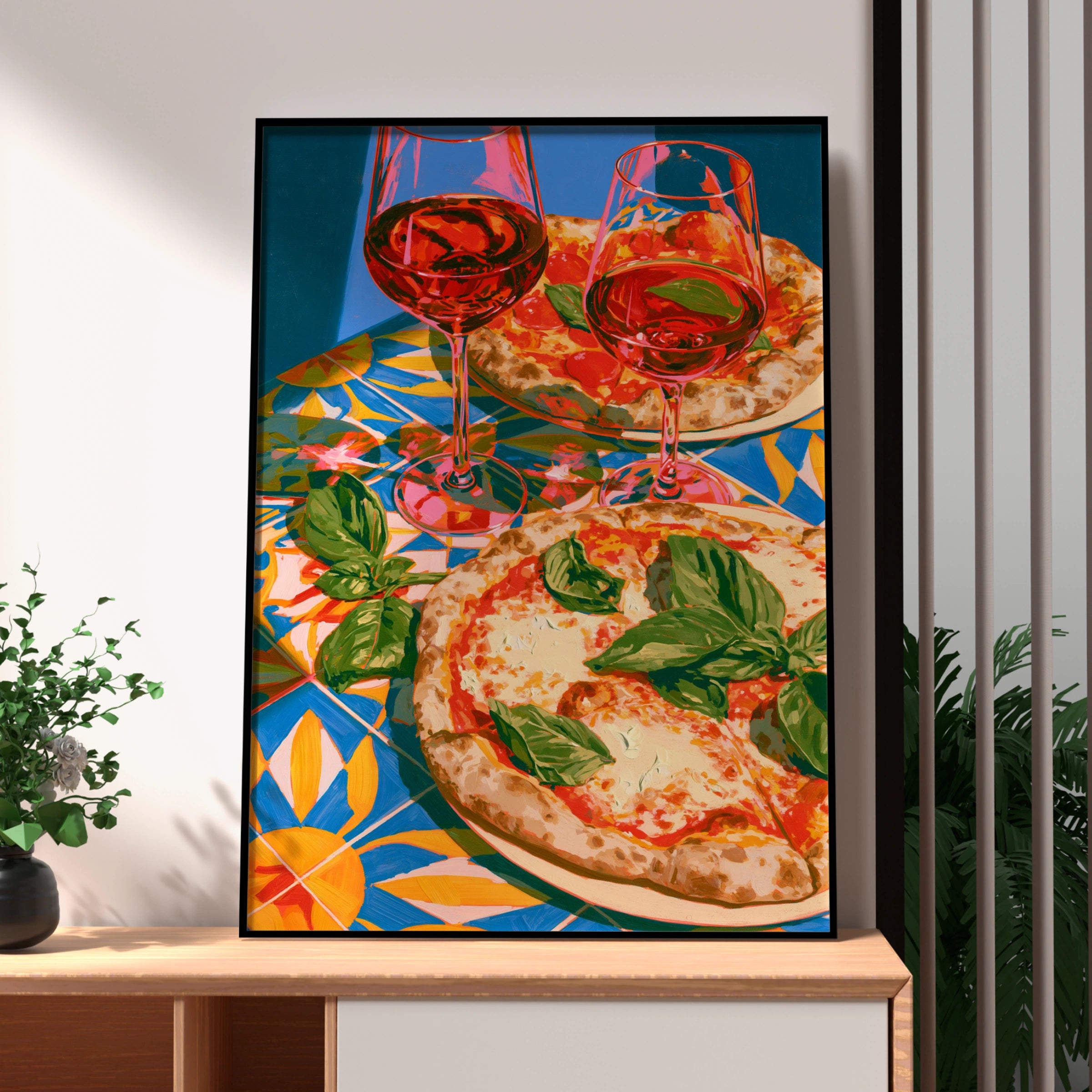Pizza & Red Wine Poster, Italian Tiles Art Print, Colourful Kitchen Wall Art