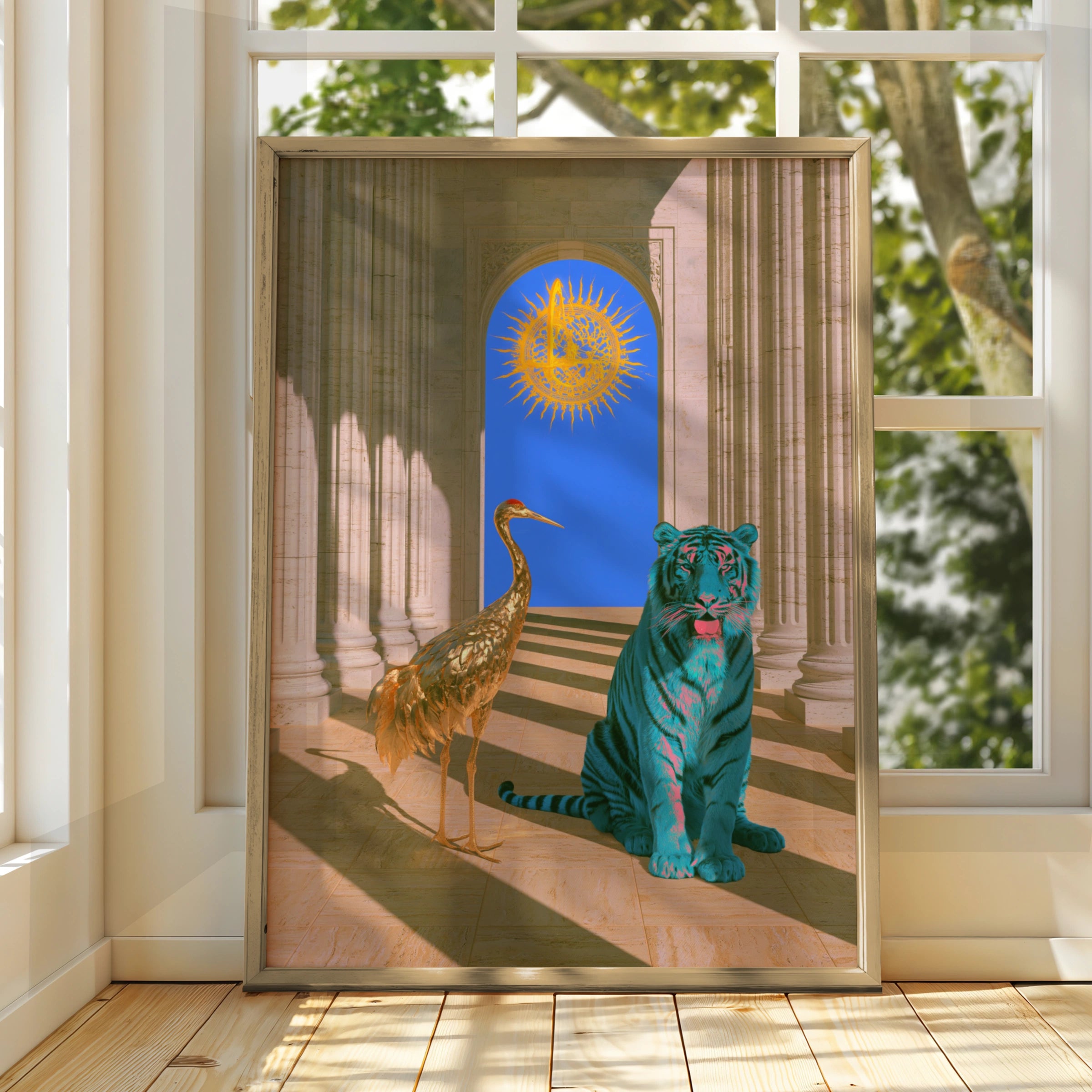 Blue Tiger Gold Crane Temple Poster, Surreal Animal Wall Art, Bold Maximalist Print