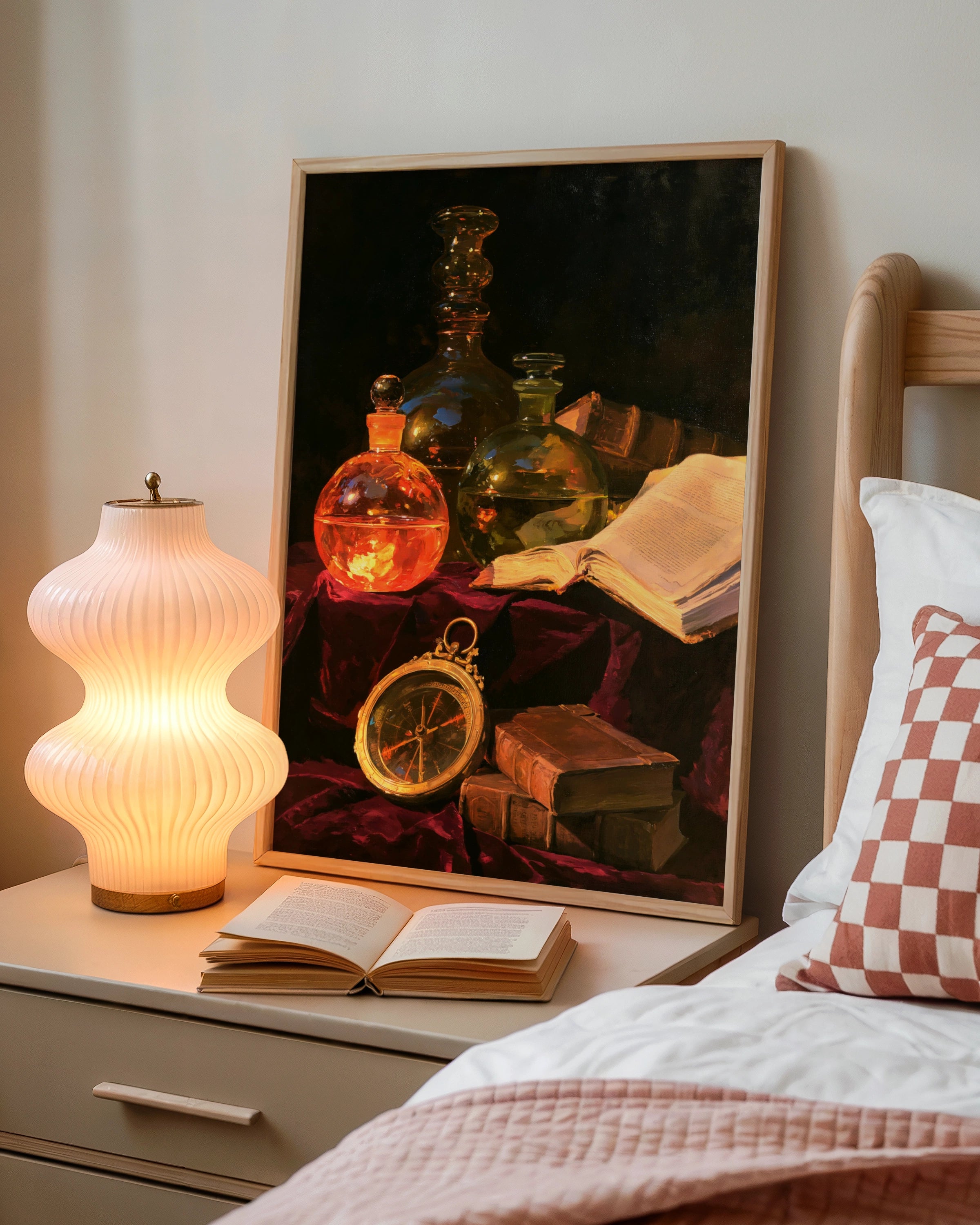Glass Bottles Books Compass Still Life Poster, Old Masters Oil Painting Style