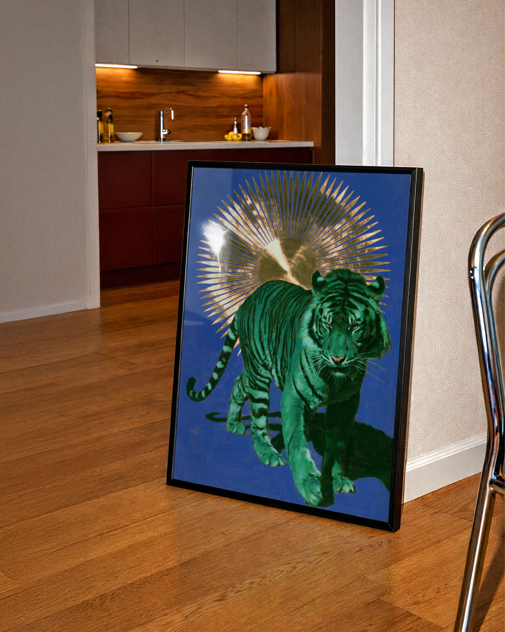 Green Tiger Gold Sun Poster, Bold Animal Wall Art, Blue Maximalist Print