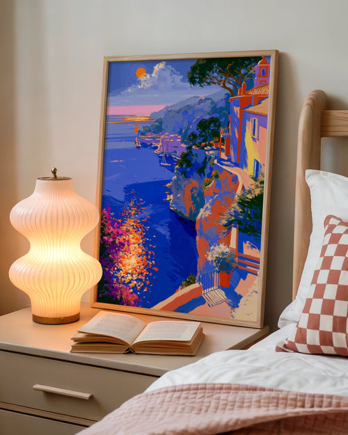 Mediterranean Seaside Sunset Wall Art Poster, Coastal Cliffside Print, Bold Colourful Style