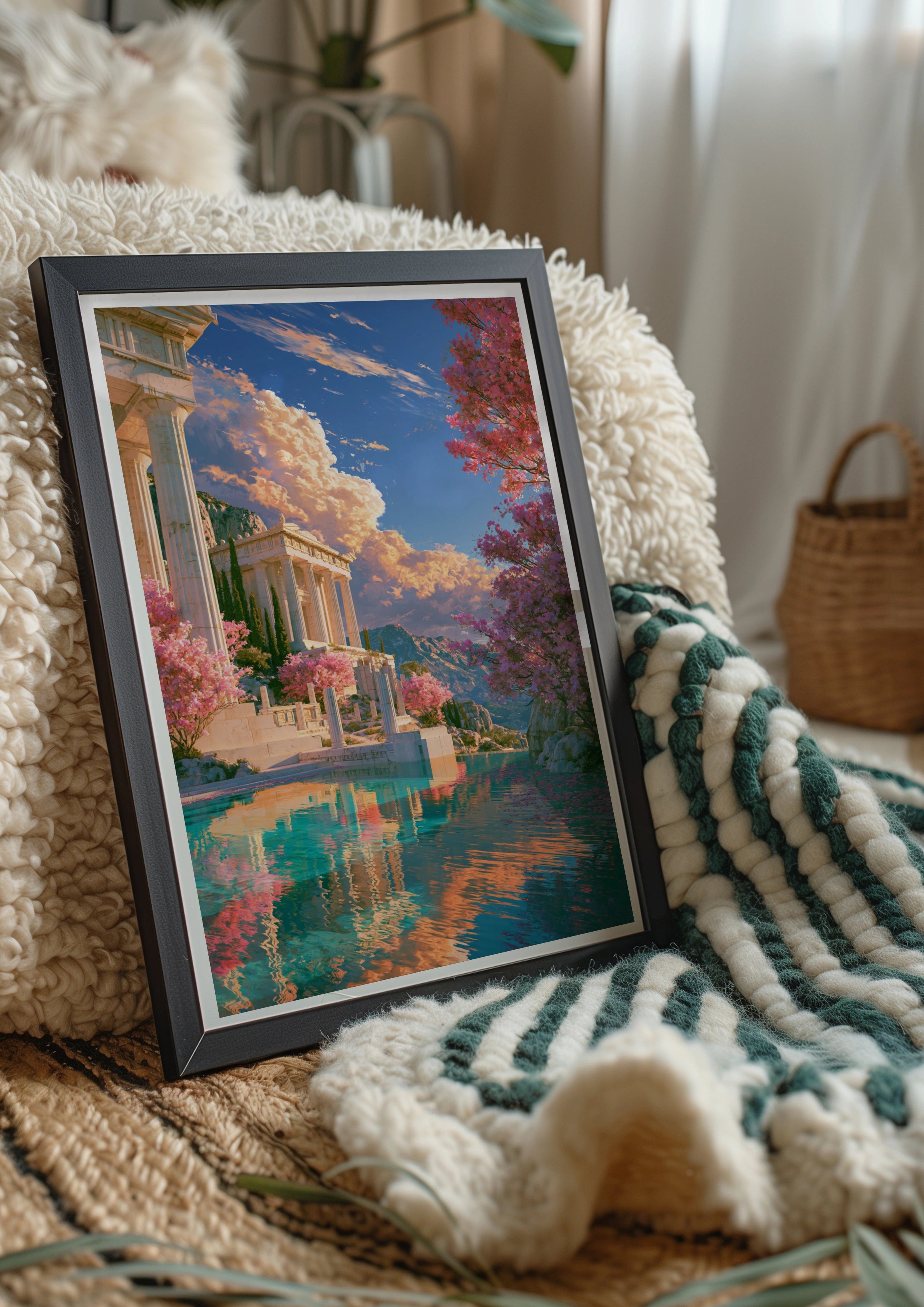 Greek Temple Acropolis Poster, Ancient Greece Wall Art, Colourful Fantasy Print