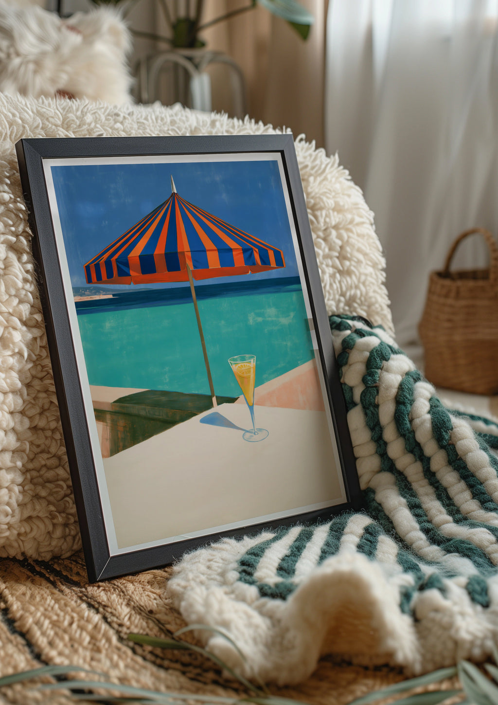 Beach Parasol Cocktail Ocean View Poster, Striped Umbrella, Retro Summer Print
