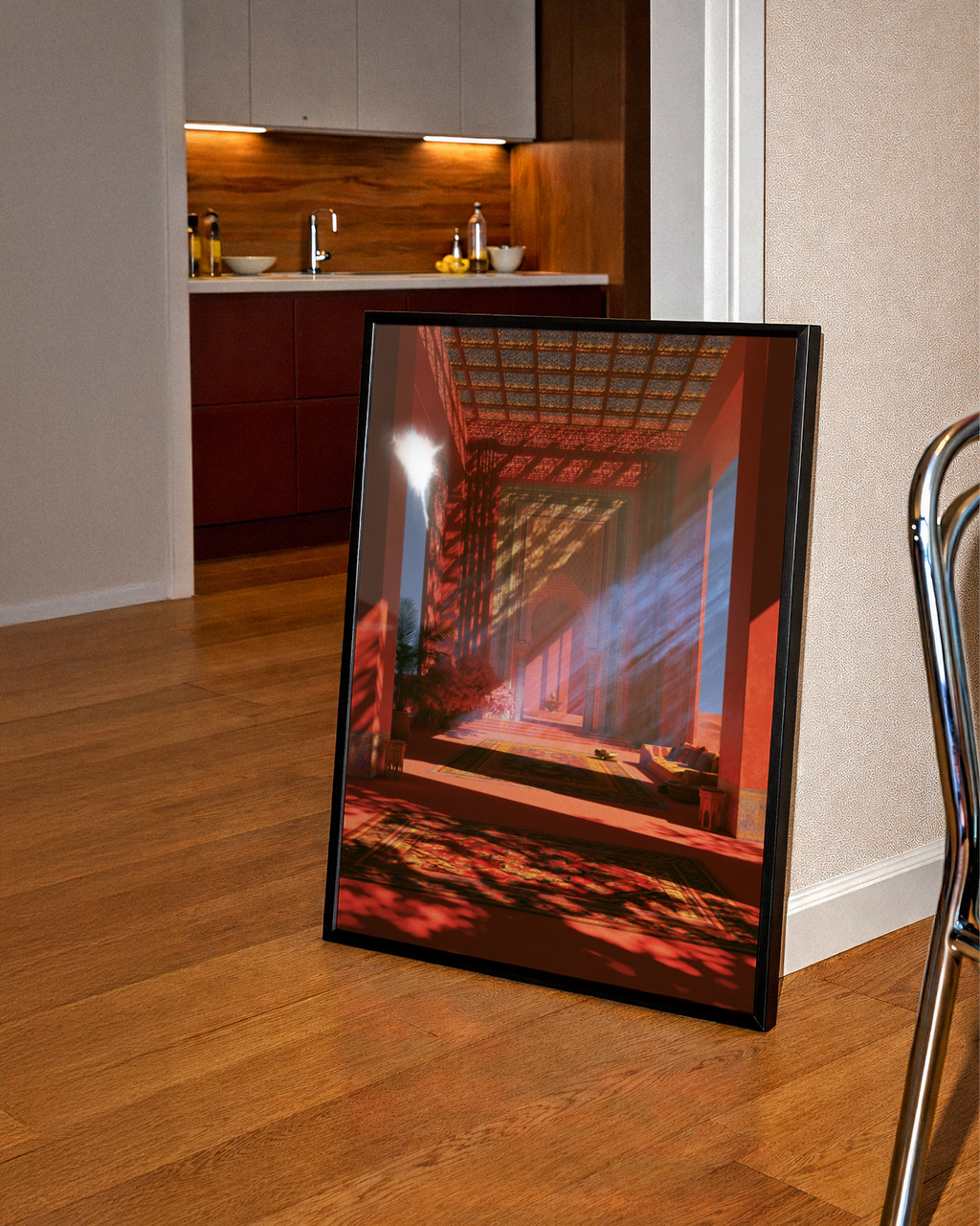 Middle Eastern Hall Poster, Moroccan Architecture Art Print, Warm Red Tones
