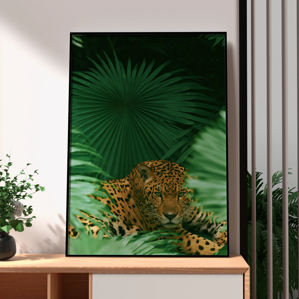 Jaguar in Palm Jungle Poster, Tropical Wildlife Art Print, Bold Green