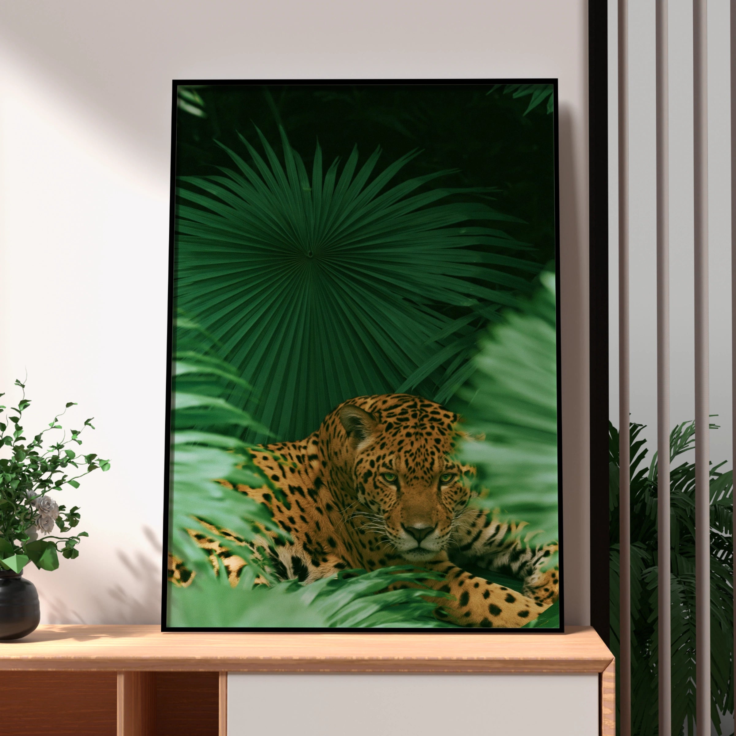 Jaguar in Palm Jungle Poster, Tropical Wildlife Art Print, Bold Green