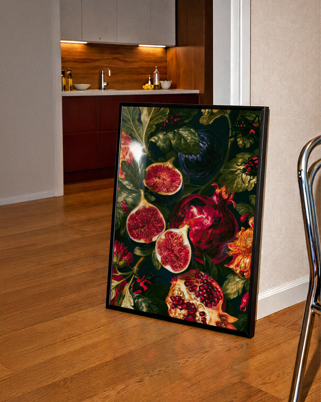 Figs & Pomegranate Still Life Poster, Dark Botanical Wall Art Print