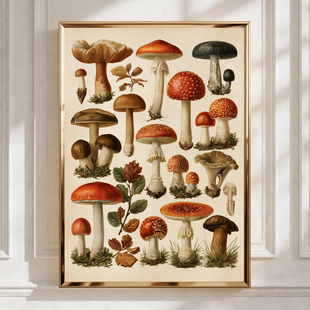 Mushrooms Botanical Illustration Poster, Vintage Fungi Wall Art Print