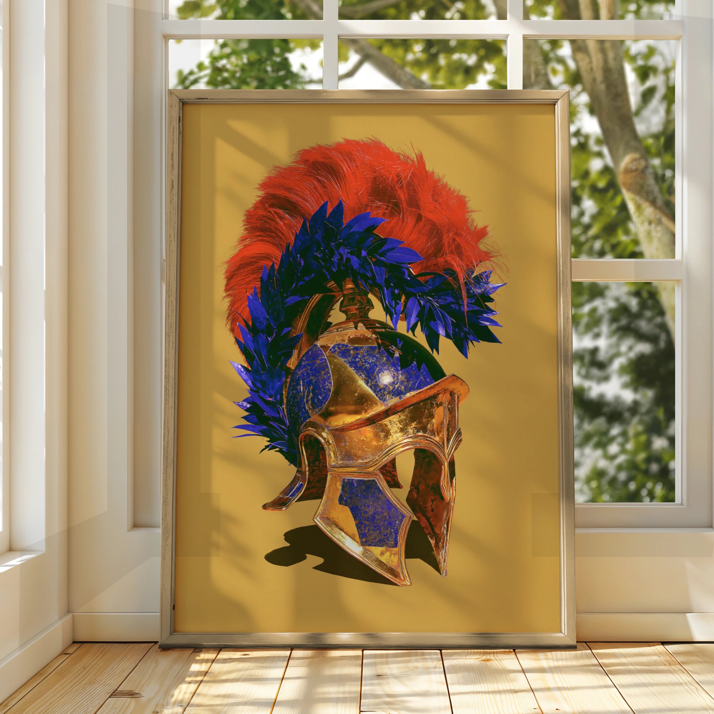 Greek Helmet Poster, Ancient Spartan Warrior Art, Bold Gold Blue Red Print