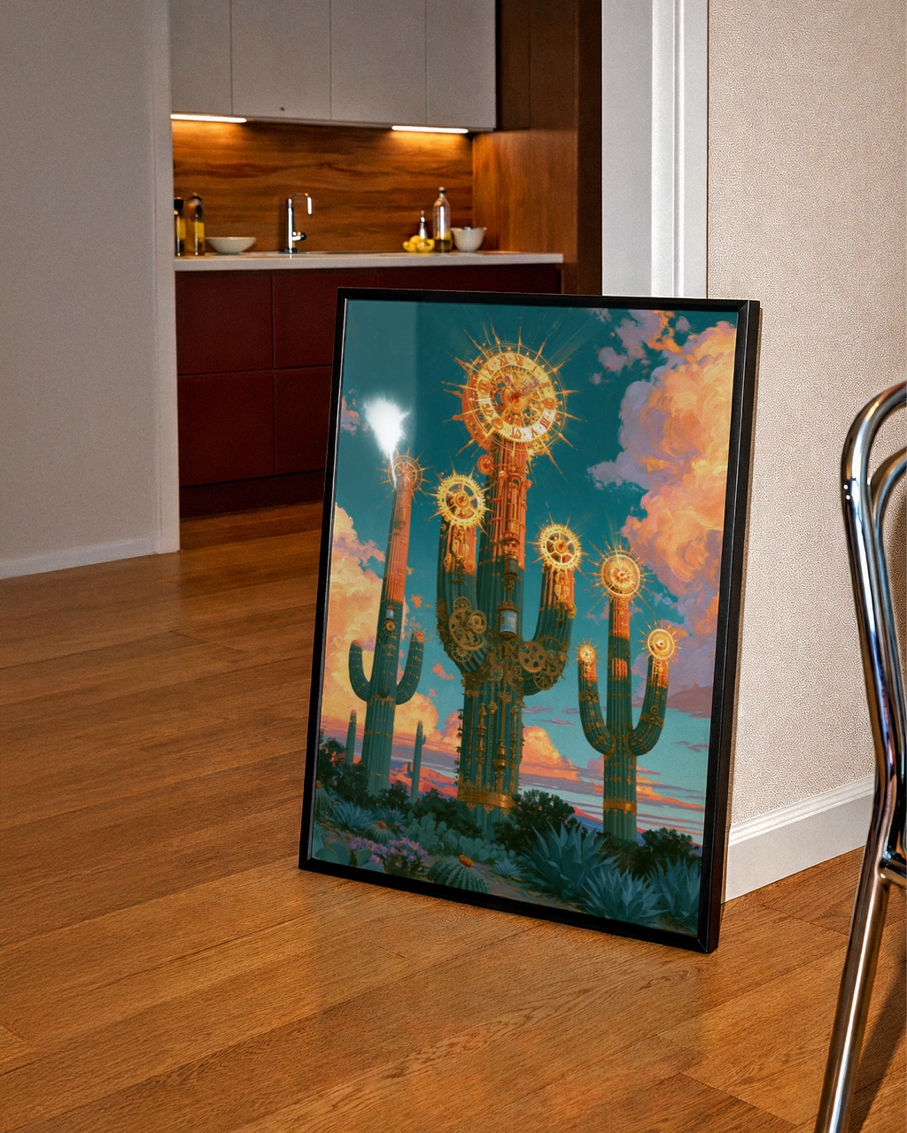 Steampunk Cactus Sun Clock Poster, Desert Fantasy Wall Art, Teal Gold Print