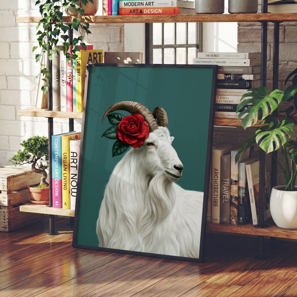 White Goat Red Rose Poster, Floral Animal Portrait Print, Teal Botanical Art